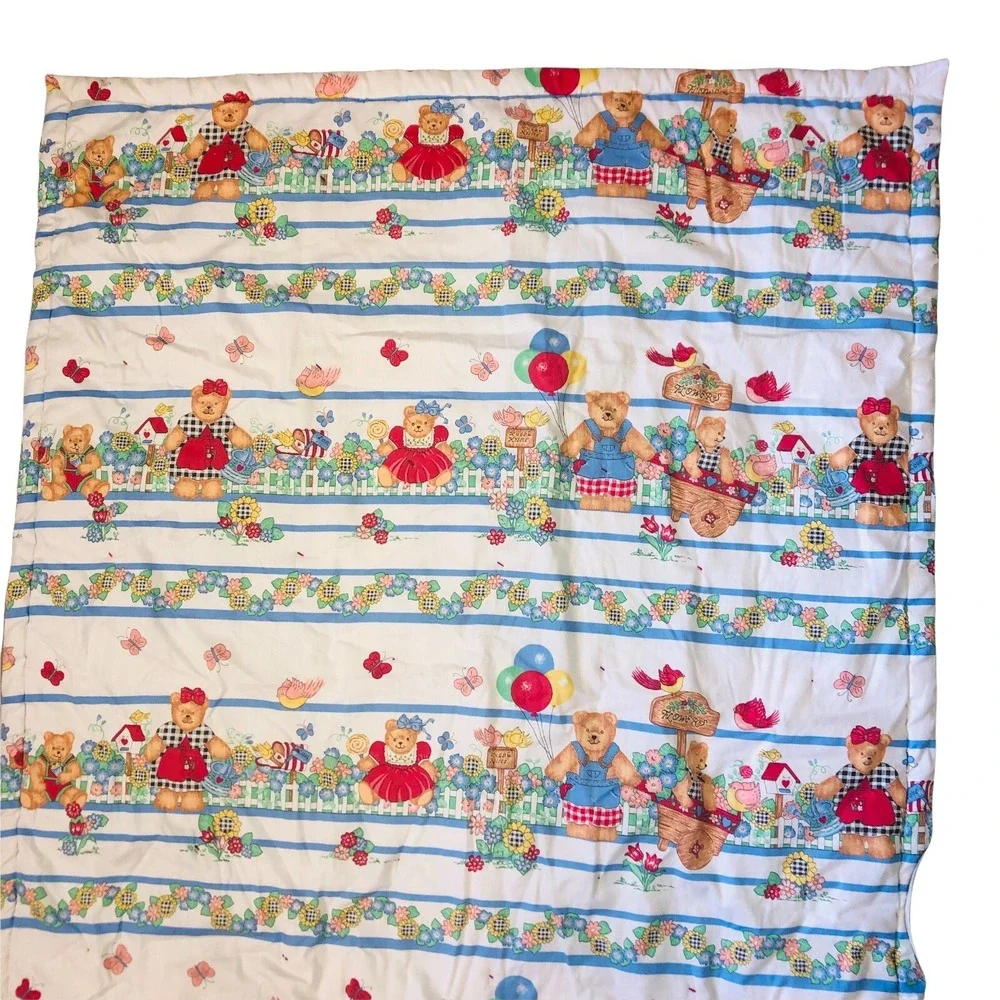 VTG Rag Denim Jean Baby Quilt Blanket 2 Sided Bears Flower Upcycled Handmade